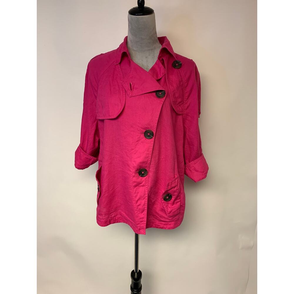 Chicos Blazer Linen Epaulets Roll Sleeves Causal Vibrant Hot Pink Womens SZ #XL